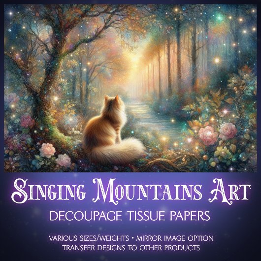 Traumhafte florale Katze im Wald Fantasy-Dekoupage Seidenpapier