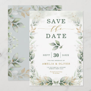 Traumhafte Grün-Gold-Eukalyptus-Save-the-Date-Kart Einladung