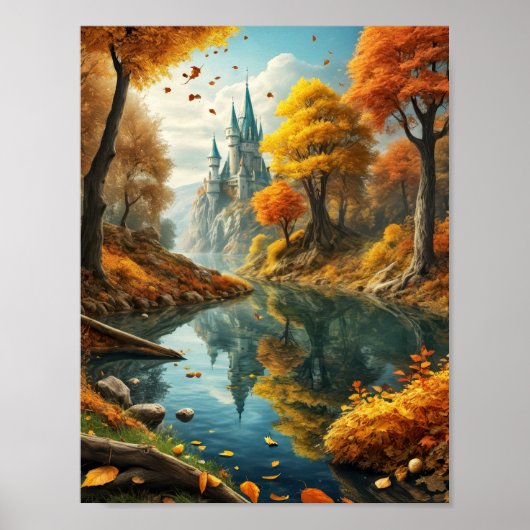Traumhafte Landschaft mit magischer Burg und Fluss Poster (Vorne)