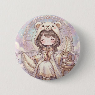 Traumhafte Träumerei: Kawaii-Mädchen im Bären-Hood Button