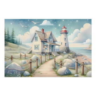 Traumhafter pastellfarbener Leuchtturm am Meer Poster