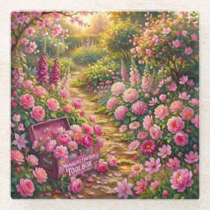 Traumhafter rosa Blumengarten-Pfad-Malerei Glasuntersetzer