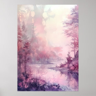 Traumhafter Wasserfarbenwald in Rosatönen Poster