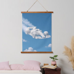 Traumhafter Wolkenrennfahrer, surrealistische F1-H Wandteppich Mit Holzrahmen