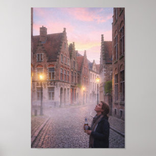 Traumhaftes Brügge Kopfsteinpflaster Dämmerung Pos Poster