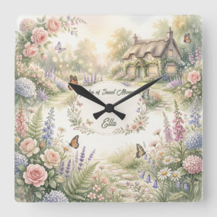 Traumhaftes Cottagecore-Wasserfarben-Blumenmuster Quadratische Wanduhr
