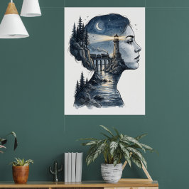 Traumhaftes Leuchtturm im Kopf einer Frau – Surrea Poster