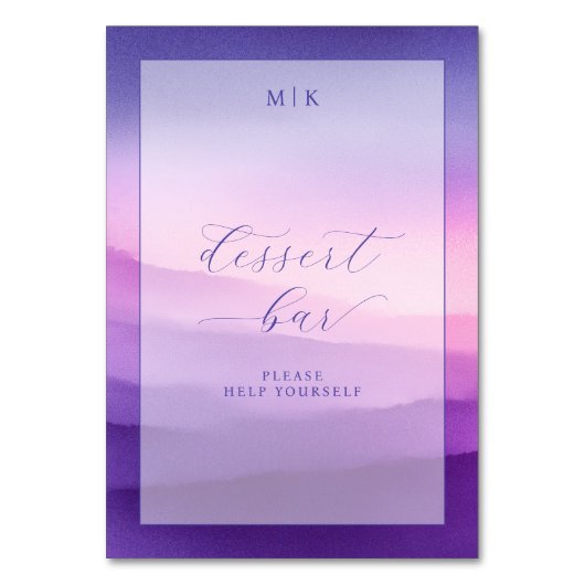 Traumhaftes lila Gradient Dessertbar-Schild Tischnummer (Vorderseite)