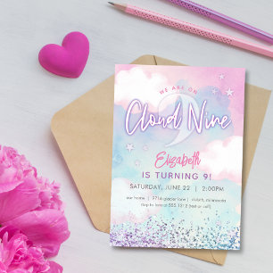 Traumhaftes Mädchen auf Wolke Sieben zum 9. Geburt Einladung