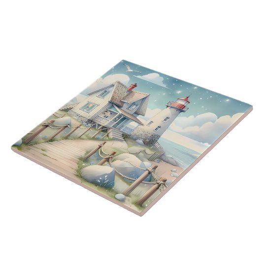 Traumhaftes Pastel Lighthouse am Meer Fliese (Seite)