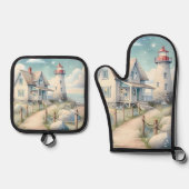 Traumhaftes Pastel Lighthouse am Meer Ofenhandschuh & Topflappen-Set (Vorderseite)