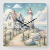 Traumhaftes Pastel Lighthouse am Meer Quadratische Wanduhr (Vorderseite)