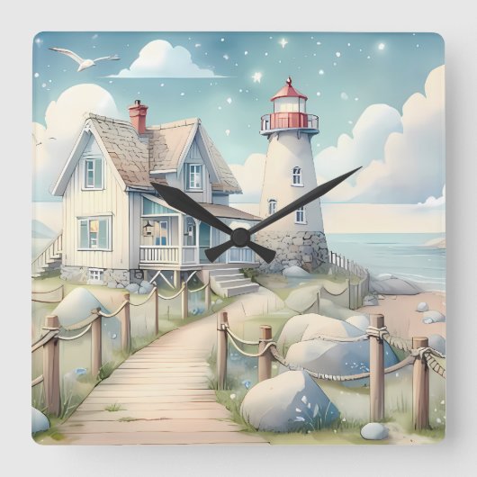 Traumhaftes Pastel Lighthouse am Meer Quadratische Wanduhr (Vorderseite)