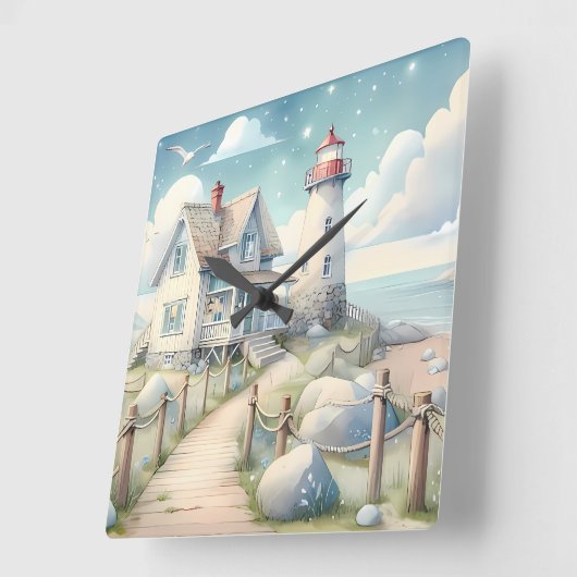 Traumhaftes Pastel Lighthouse am Meer Quadratische Wanduhr (Winkel)