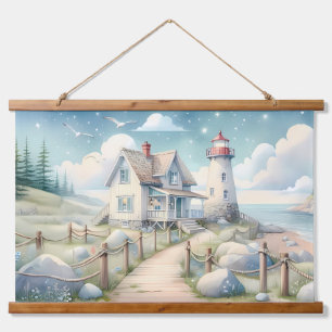 Traumhaftes Pastel Lighthouse am Meer Wandteppich Mit Holzrahmen