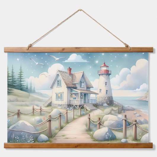 Traumhaftes Pastel Lighthouse am Meer Wandteppich Mit Holzrahmen (Vorne)