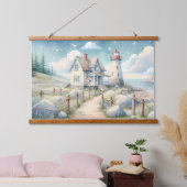 Traumhaftes Pastel Lighthouse am Meer Wandteppich Mit Holzrahmen (Schlafzimmer)