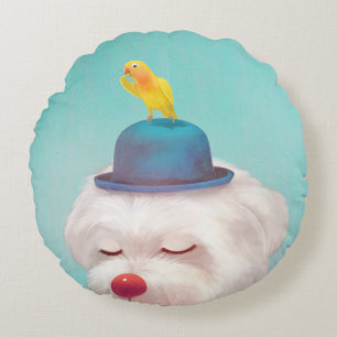 Traumhund Clown: Lächelnder Bichon mit blauem Hut Rundes Kissen