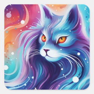 Traumkatze Abstrakte Welt der Farben Quadratischer Aufkleber