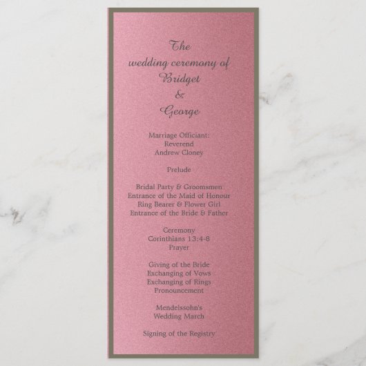 Traumrosa Glitzer Hochzeitsmenü & Programm (Rückseite)