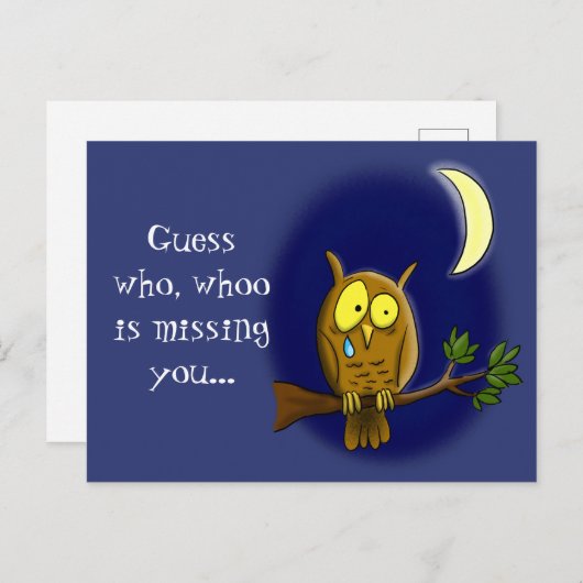 Traurige Eule mit Tränen und Mond vermisst, Sie Ca Postkarte (Vorne/Hinten)