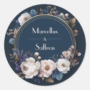 Traurige Navy Creme Gold Floraler Kranz Hochzeit Runder Aufkleber