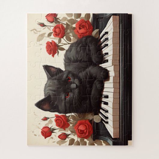 Traurige schwarze Katze am Klavier Puzzle (Vertikal)