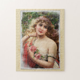 Traurige viktorianische Frau mit rosa Rosen Puzzle