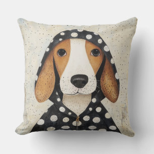 Trauriger Beagle-Welpe in einem gestreiften Hoodie Kissen