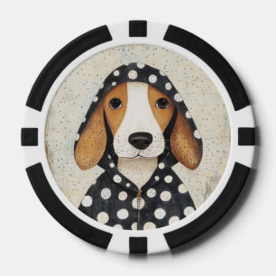 Trauriger Beagle-Welpe in einem gestreiften Hoodie Pokerchips