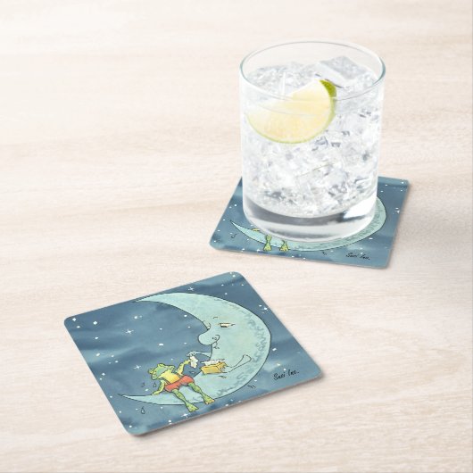 Trauriger Frosch auf Mond Rechteckiger Pappuntersetzer (Vor Ort)