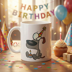 Trauriger Geburtstagshund-Cartoon mit Cupcake Kaffeetasse