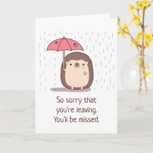 Trauriger Igel, der Regenschirm hält, Abschied Karte (Gelbe Blume)