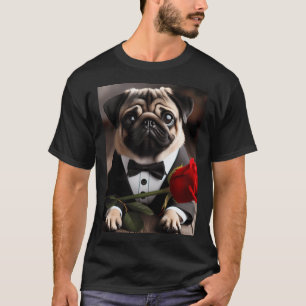Trauriger Mops-Hund im Smoking-Anzug und Fliege mi T-Shirt