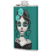 Trauriger Tag des toten Mädchens auf aquamarinem Flachmann (Links)