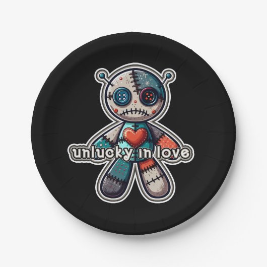 Trauriger VOODOO-Puppenbär UNLUCKY in LIEBE Pappteller (Vorderseite)
