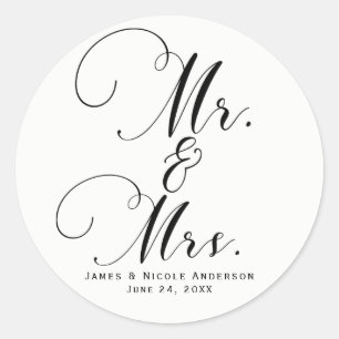 Trauungsgeschenk Mr. & Mrs. Schwarz Weiß Skript Runder Aufkleber