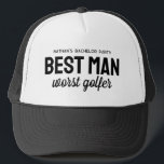 Trauzeuge am schlechtesten Golfspieler Bachelor Pa Truckerkappe<br><div class="desc">Für die Golf-Thema Bachelor-Party, ein gutes Lachen mit diesem personalisierten Hut perfekt für den Trauzeuge. Der Hut enthält das Sprichwort "Trauzeuge schlechtestes Golfer", aber der schwarze Text kann mit Ihrer Wortwahl angepasst werden. Finden Sie koordinierende Bachelor-Party-Vorräte und mehr Farben in der Golf and Brews vor der I Do's Kollektion von...</div>