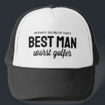 Trauzeuge am schlechtesten Golfspieler Bachelor Pa Truckerkappe<br><div class="desc">Für die Golf-Thema Bachelor-Party, ein gutes Lachen mit diesem personalisierten Hut perfekt für den Trauzeuge. Der Hut enthält das Sprichwort "Trauzeuge schlechtestes Golfer", aber der schwarze Text kann mit Ihrer Wortwahl angepasst werden. Finden Sie koordinierende Bachelor-Party-Vorräte und mehr Farben in der Golf and Brews vor der I Do's Kollektion von...</div>