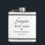 Trauzeuge Custom Personalisiert Wedding Party Flachmann<br><div class="desc">Trauzeuge Custom Personalisiert Name Wedding Party Flask zeigt den Namen des Trauzeugen mit den Namen des Brautpaares und das Hochzeitstermin mit einem kleinen Liebe Herz. Maßgeschneidert für den Trauzeuge. Designed by ©2024 Evco Studio www.zazzle.com/store/evcostudio</div>