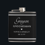 Trauzeuge Custom Personalisiert Wedding Party Flachmann<br><div class="desc">Trauzeuge Custom Personalisiert Name Wedding Party Flask zeigt den Namen des Trauzeugen mit den Namen des Brautpaares und das Hochzeitstermin mit einem kleinen Liebe Herz. Maßgeschneidert für den Trauzeuge. Designed by ©2024 Evco Studio www.zazzle.com/store/evcostudio</div>