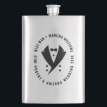 Trauzeuge Elegant Tuxedo Wedding Flachmann<br><div class="desc">Passen Sie dieses elegante Design für den Trauzeuge mit einem schlanken schwarzen Tuxedo und personalisiertem Text für den Namen des Trauzeugen und die Namen des Ehepaares mit dem Datum an.</div>