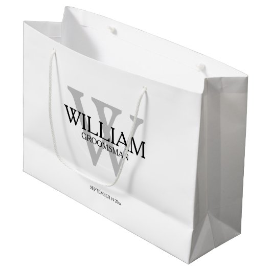 Trauzeuge-Geschenk Monogramm Schwarz-weiß & grau Große Geschenktüte (Vorderseite Schrägansicht)