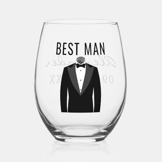 Trauzeuge Name Black Tuxedo Hochzeitdatum Weinglas Ohne Stiel (Vorderseite)