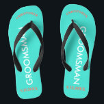 Trauzeuge NAME Turquoise Blue Badesandalen<br><div class="desc">Helle Strandfarben in türkisblau mit Trauzeuge in Großbuchstaben, weißer Text und Name und Datum der Hochzeit in Korallen mit schwarzen Akzenten. Personalisieren Sie Ihre Namen in Großbuchstaben mit jedem Ihrer Trauzeugen in lustigen Urschriften. Klicken Sie auf Anpassen, um die Namensgröße zu erhöhen oder zu verringern, um innerhalb sicherer Zeilen zu...</div>