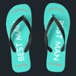 Trauzeuge NAME Turquoise Blue Badesandalen<br><div class="desc">Helle Strandfarben in Türkisblau mit Trauzeuge in Großbuchstaben, Weißtext und Name und Datum der Hochzeit in Korallen mit schwarzen Akzenten. Personalisieren Sie mit Trauzeugen Name oben in Hauptstadt Buchstaben in lustigen Bogentext. Cooles Strandziel Flip Flops als Teil der Hochzeitsfeier Gefallen. Ihr Brautparty wird Liebe haben ihre eigenen personalisierten Paar. Originale...</div>