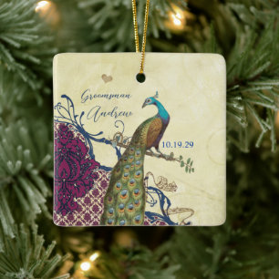 Trauzeuge Navy & Himbeere Vintage Pfau Keramikornament