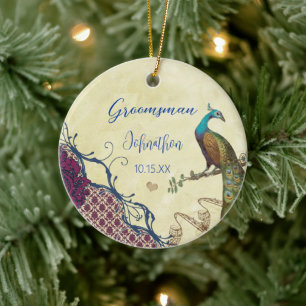 Trauzeuge Navy & Himbeere Vintage Pfau Keramikornament