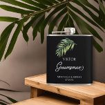 Trauzeuge Palm Leaf jeder Farbe Angesagt Flachmann<br><div class="desc">Hochzeitsgeschenk Tasse für Ihren Trauzeuge - oder für jeden in Ihrer Hochzeitsfeier. Trauzeuge wird in Wirbler handgeschriebener Kalligrafie geschrieben, und Sie können dies leicht auf eine andere Rolle umschalten, indem Sie das Designwerkzeug eingeben oder mir eine Nachricht für Hilfe schicken. Das Design umfasst ein tropisches Palmenblatt in Aquarelltönen, die Namen...</div>