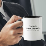 Trauzeuge Schwarz-Weiß-Personalisiert Tasse<br><div class="desc">Personalisierte Schleife für Ihre Trauzeugen in modernem, minimalistischem Typografie-Design. Die Namensvorlage ist Set für Sie bereit, um den Namen des Trauzeugen, die Braut und Bräutigam und das Hochzeitstag hinzuzufügen. Dieses Design hat eine schwarz-weiße Farbpalette. Bitte stöbern Sie in unserem Shop, um die Geschenke für das Party des Bräutigams zu koordinieren....</div>